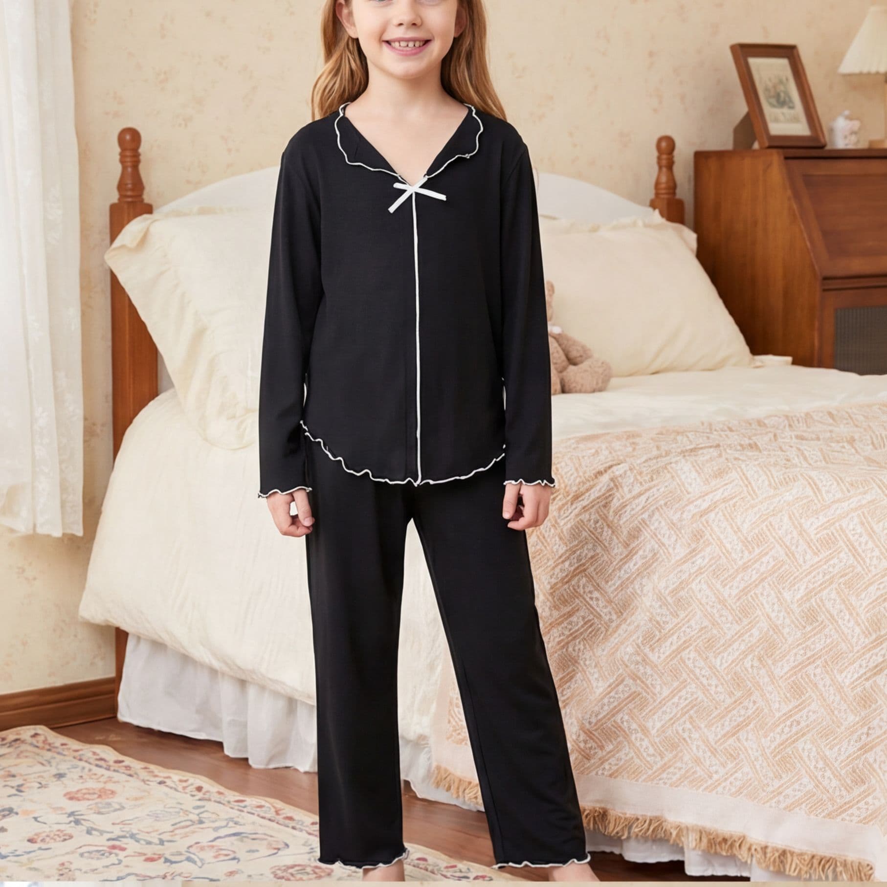 Foreign Trade Wholesale Europe and America Big Kids Spring and Autumn Long Sleeve Pajama Set Black Girls Home Solid Color Thin Two-Piece Set