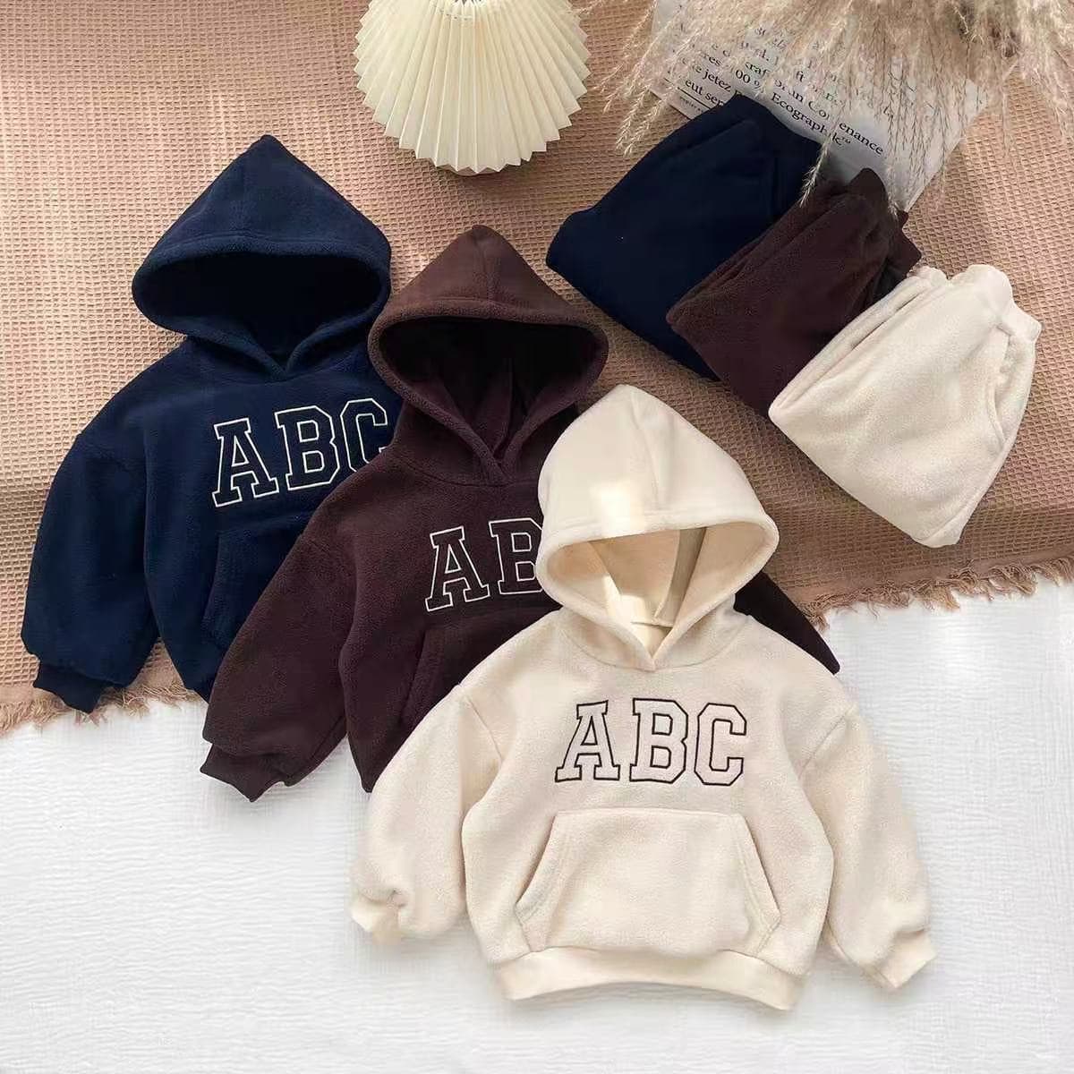 Kids Outdoor Sports Fleece Hooded Sweatshirt ABC Korean Style Children's Clothing Boys Girls Autumn Casual Pants Set