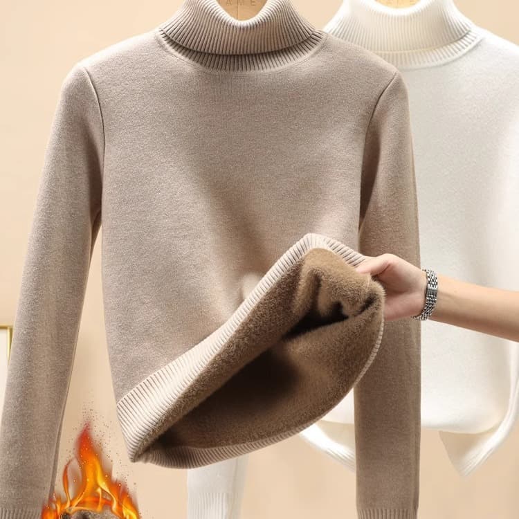 Women's High-Neck Sweater for Fall/Winter, Fleece-Lined Thick Thermal Knit Top, Soft Cozy Base Layer with Integrated Fleece