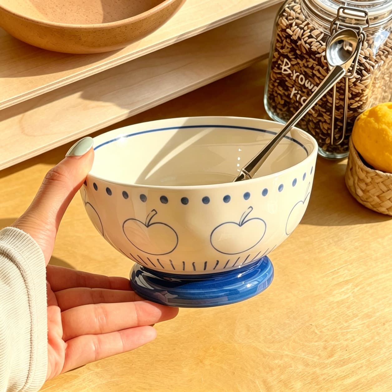Japanese-style apple rice bowl, home beautiful eating bowl, high-value ceramic tableware, thickened anti-scalding tall bowl, dessert bowl