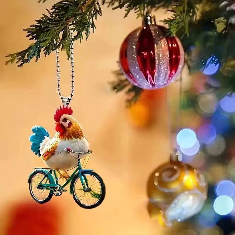 Flat Acrylic Material Chicken Riding Bicycle Car Hanging Ornament Backpack Accessory Home Decorative Pendant