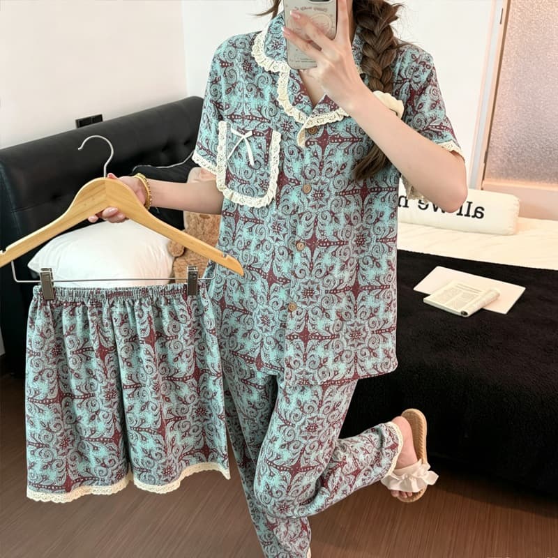 Women's Summer Pajamas New Cloud Cotton Short Sleeve 3-Piece Set with Notched Collar, Short Sleeve, Long Pants, and Shorts Loungewear Set