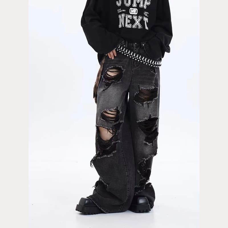 2024 New Chinese Trend American Street Destroyed Ripped Vintage Dad Jeans Loose Straight Leg Jeans Couple