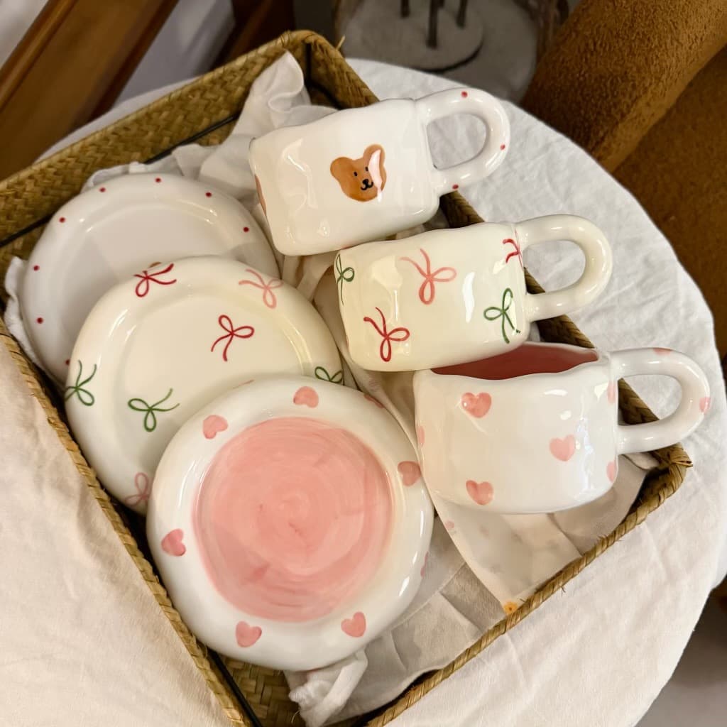Korean style ins style hand pinched ceramic bow coffee cup and saucer high-looking hand painted cup and saucer afternoon tea dessert saucer