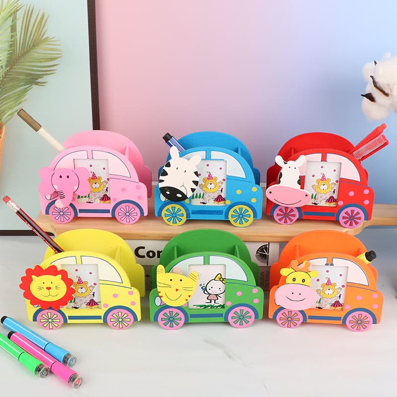 Korean Stationery Wooden Car Pencil Holder, Cute Cartoon Wooden Desktop Organizer with Clip Photo Frame Storage Box