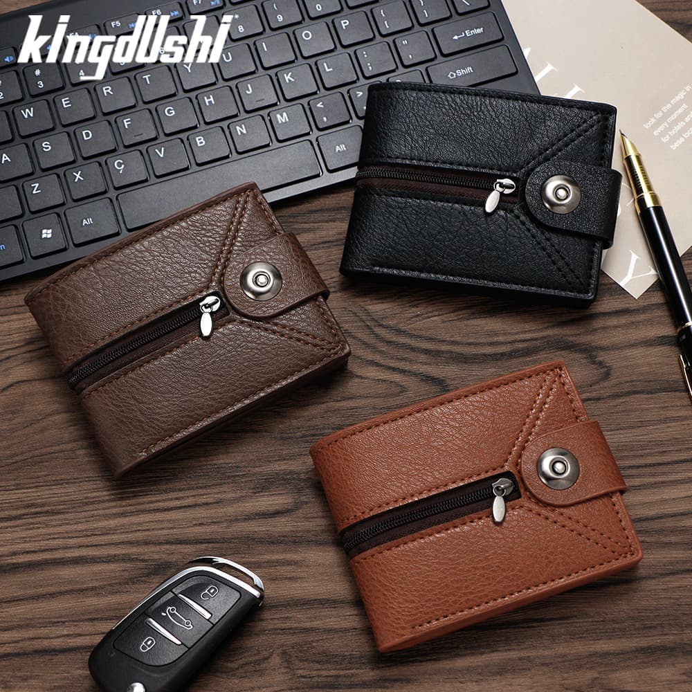 New men's short wallet, simple magnetic buckle wallet with zipper coin bag, men's wallet with multiple card slots and large capacity