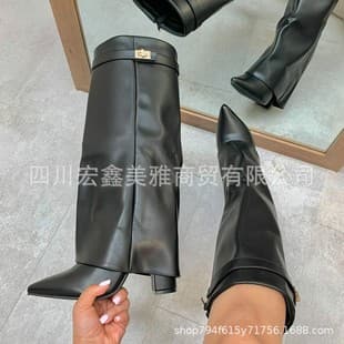 New Women's Pointed Toe Wide Calf Straight Metal Buckle Mid-Length Boots, Large Size Chunky Heel Trousers Boots