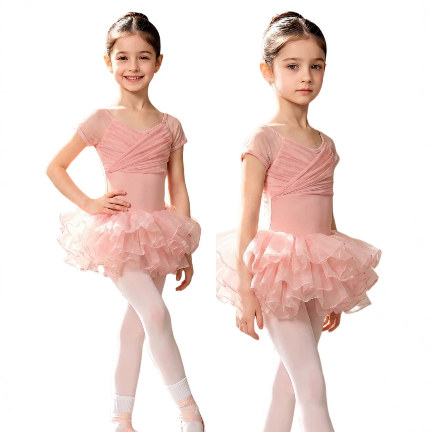 Girls Dance Outfit Short Sleeve Mesh Ballet Gymnastics Practice Uniform Soft Nylon Fabric Sweet Style Summer Performance Costume