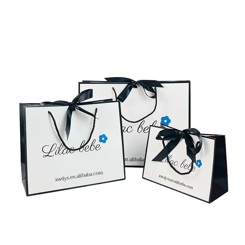 Custom printed white gift bags for small business paper bags with logo ribbon cosmetic packaging