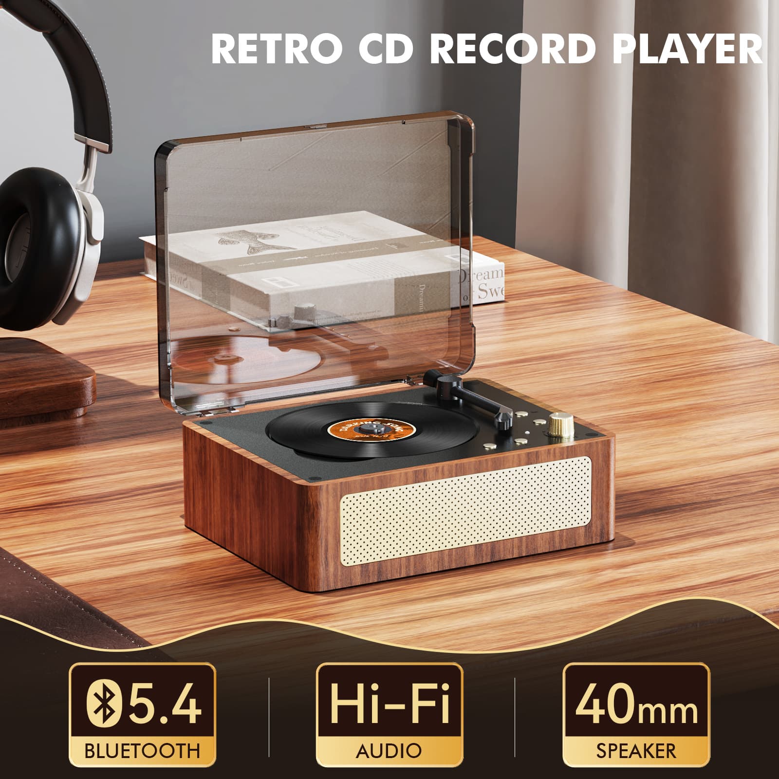 [Cross-border Version] Factory Wholesale CD Player All-in-One Bluetooth CD Player Gift Present Vinyl Disc Walnut