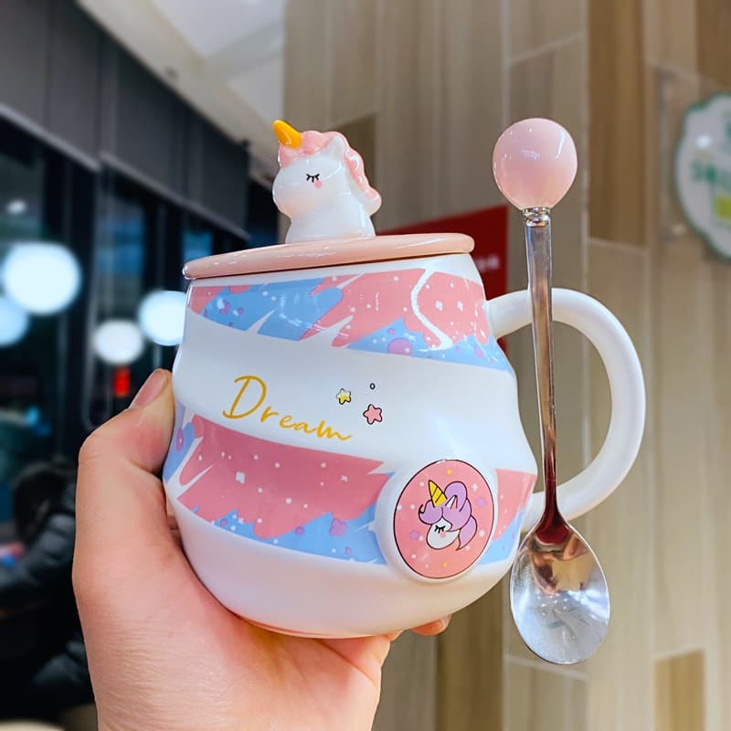 Unicorn Rainbow Mug Coffee Cup with Lid and Spoon Cute Ceramic Mug for Women