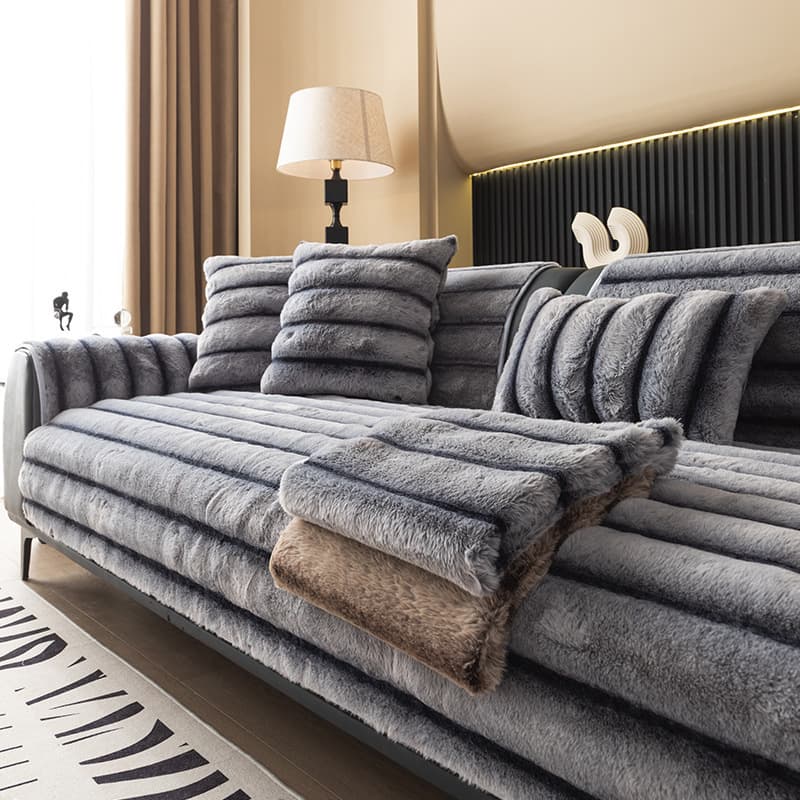 Rabbit Fur Striped Sofa Cushion Winter Thickened Sofa Cover 2025 New Anti-Slip Plush Seat Pad