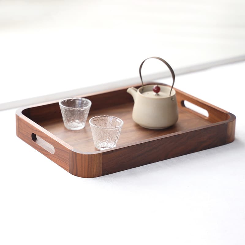 Walnut Wood Tray Rectangular Chinese Tea Cup Holder Solid Wood Serving Tray for Tea Set and Cup Storage