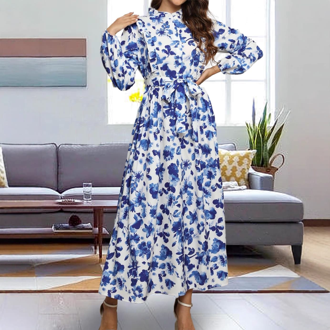 Amazon Hot Selling Floral Print Stand Collar Ruffle Tie Waist Women Dresses Abaya Long Dress