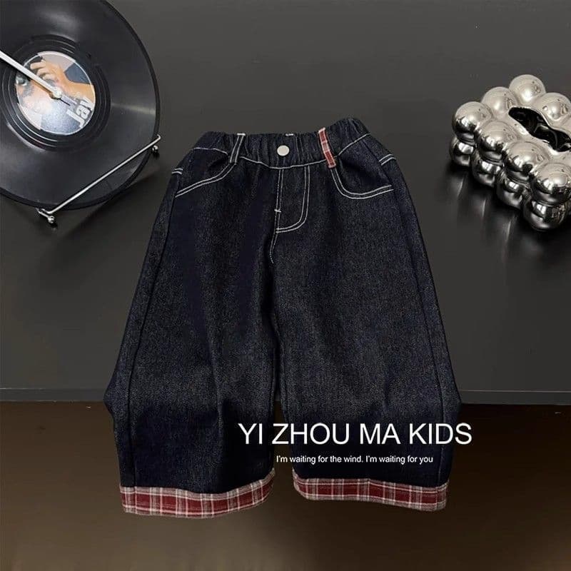 Korean Style Kids' Autumn/Winter Denim Jeans, Girls' Red Plaid Turn-Up Fleece-Lined Jeans, Boys' Loose Warm Pants, Trendy