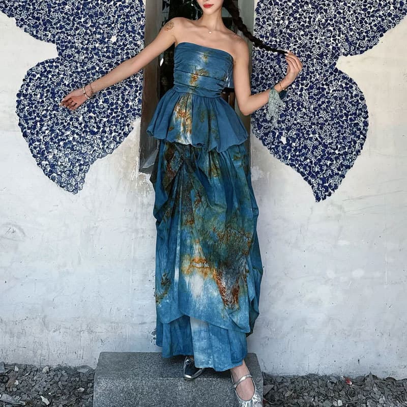 2025 Spring/Summer New Style: High-End Tie-Dye Strapless Pleated Irregular Flared Puff Skirt Set for Trendy Girls