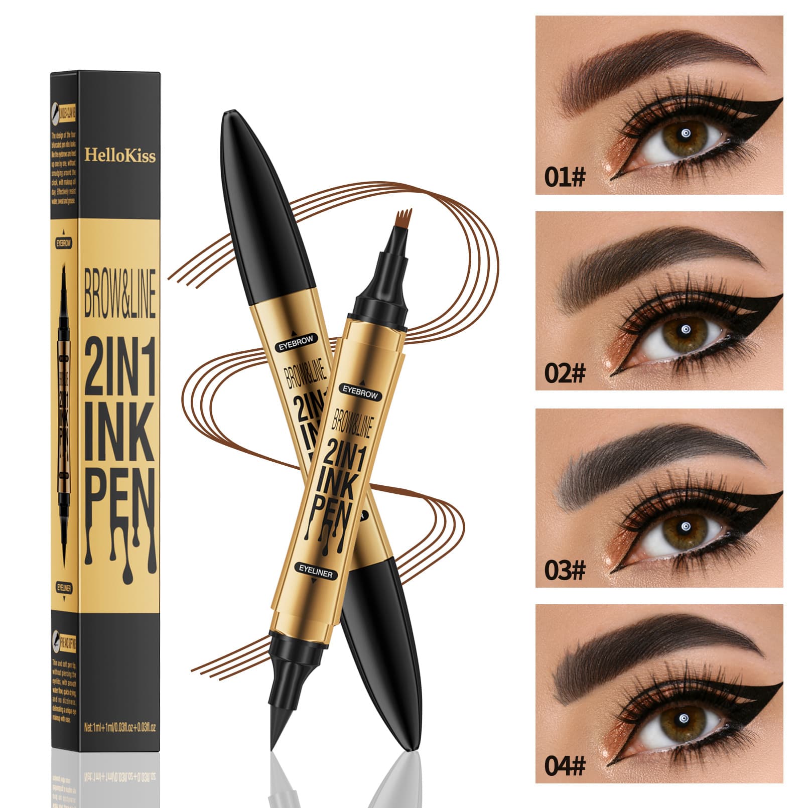 hellokiss Double-Ended Four-Claw Waterproof Eyebrow Pencil + Quick-Dry Ultra-Fine Eyeliner Makeup Four-Prong Liquid Water Eyebrow Pen