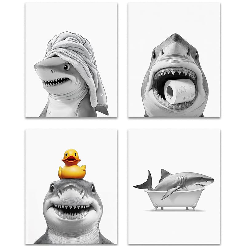 Fun Shark Bathroom Wall Art Decor Print 4-Piece Set, Wild Shark Poster Picture Wall