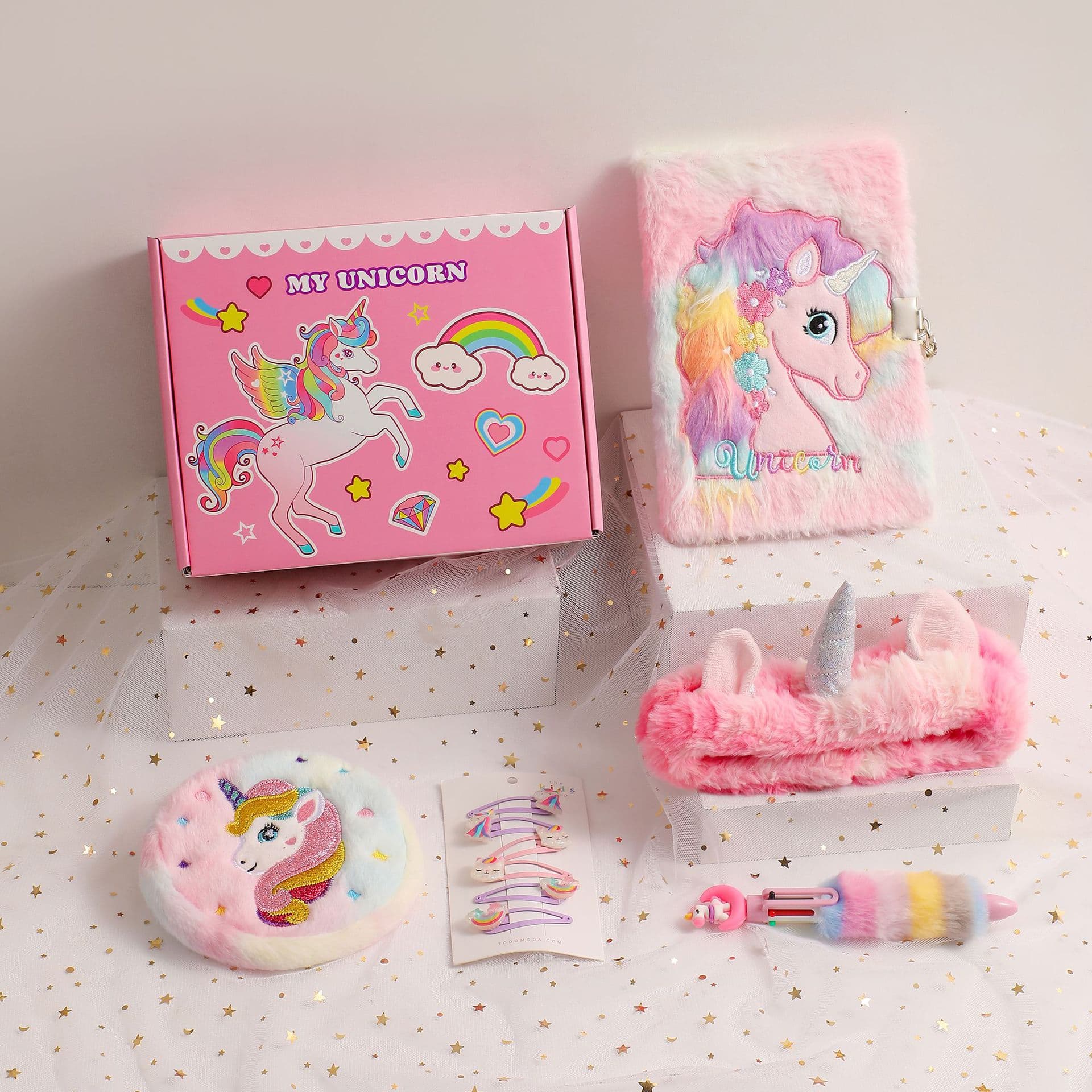Cartoon Unicorn Plush Notebook Set Gift Box with Hair Accessories, Stationery Bag, Student Gift Prize for Girls