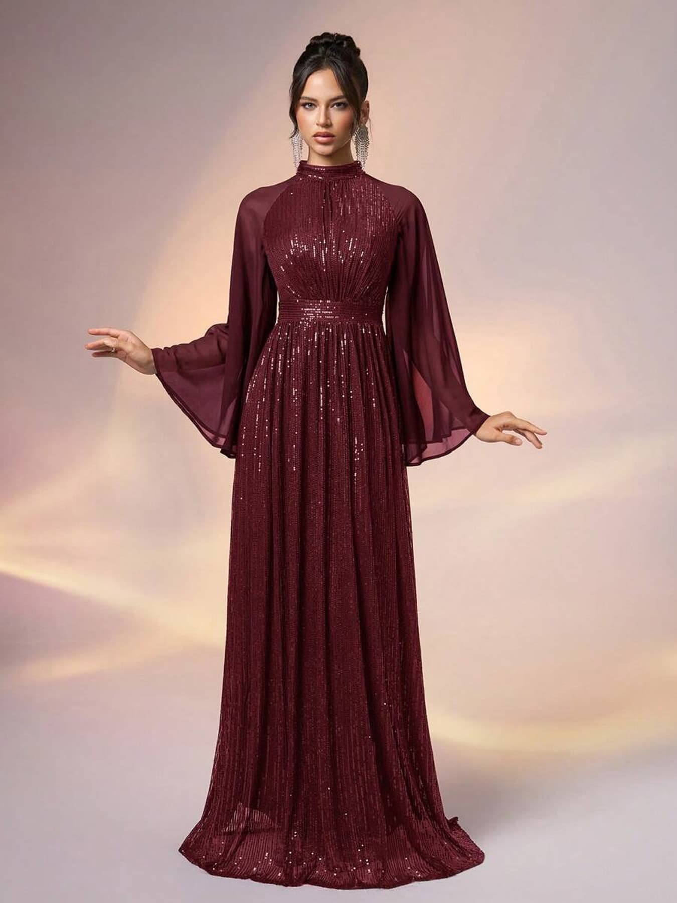 Cross-border Trade Elegant Sequin Dolman Sleeve Long Evening Dress for Bridesmaids in Europe and America