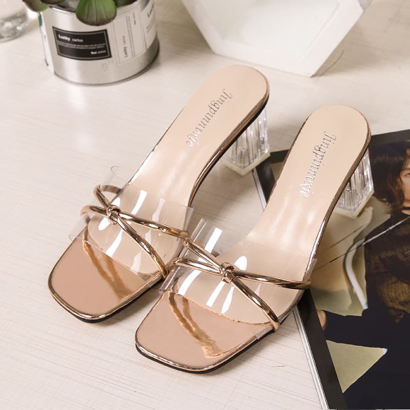 Trendy Women's Sandals Summer 2026 New Style Fashion Versatile High Heel Slippers Chunky Heel Transparent Crystal Heel Women's Shoes