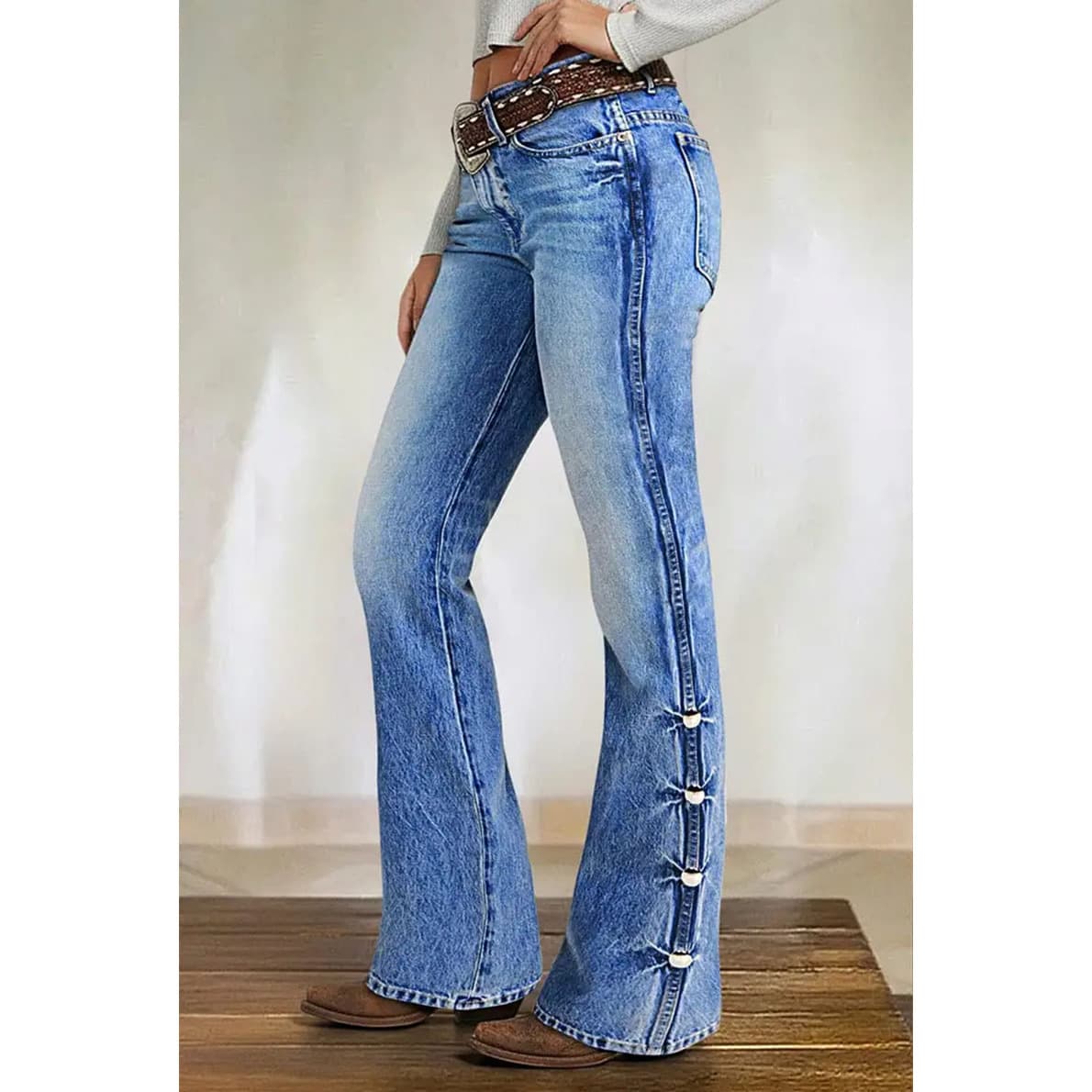 Retro high-waisted bootcut jeans with side buttons decorated elastic slim fit flared jeans casual jeans