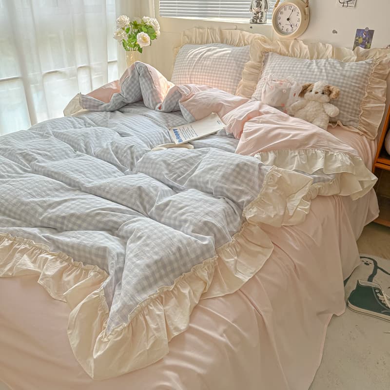 【Enjoy】Skin-friendly Comfortable Washed Cotton Korean-style Cream Lace 4-Piece Set