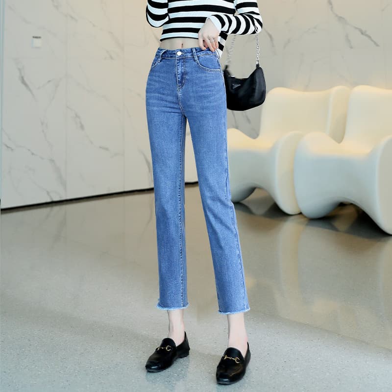 Slim Straight Jeans for Women, Ankle-Length Petite Fit 2025 Spring Autumn New High-Waist Slimming Cigarette Style Light Blue
