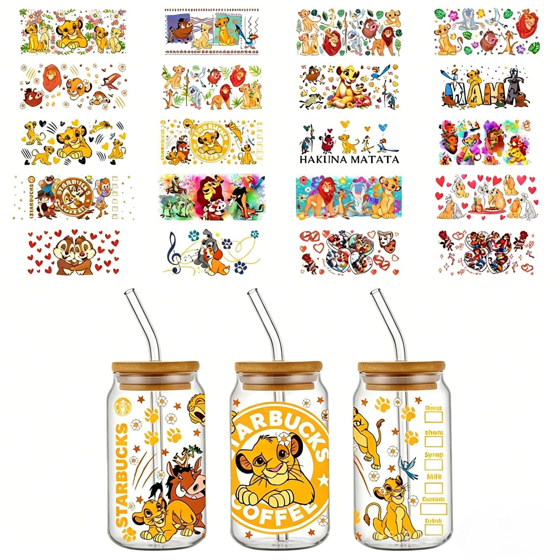 Lion King UVDTF Crystal Clear Sticker Cute Cartoon Pattern 16oz Glass Cup Waterproof Scratch Resistant Cross-border