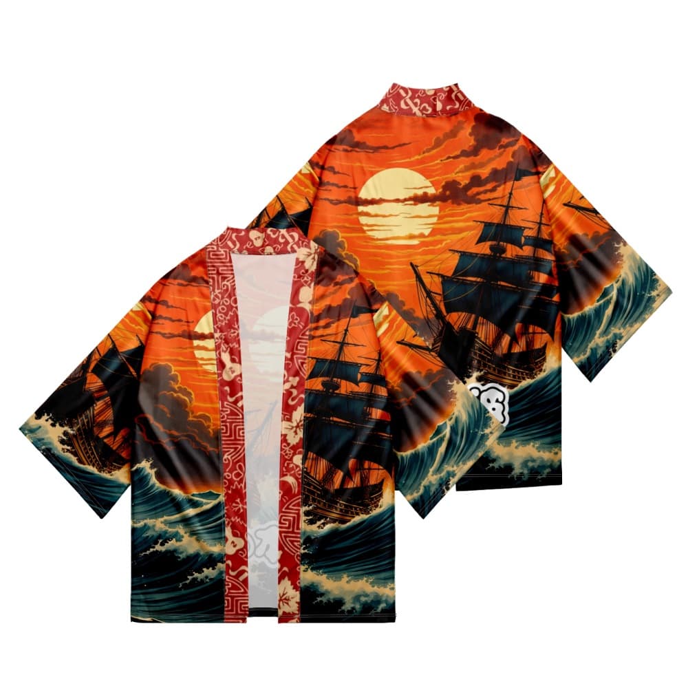 Trendy Summer Kimono Cross-border Nautical Print Three-quarter Sleeve Shirt Taoist Robe Cardigan Loose Men's Haori Kimono