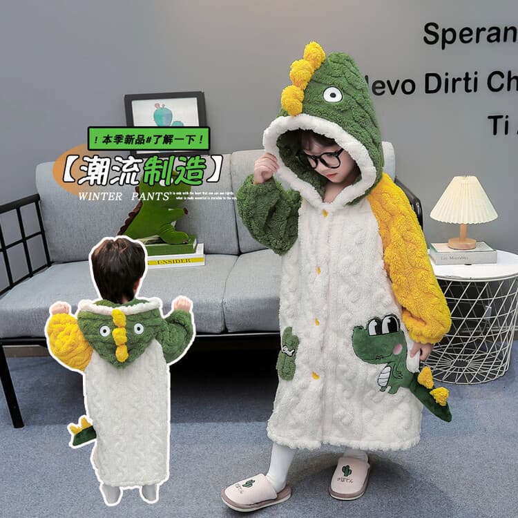 Children's winter flannel pajamas for boys, long hooded, designed to keep you warm, dinosaur-themed home bathrobe.