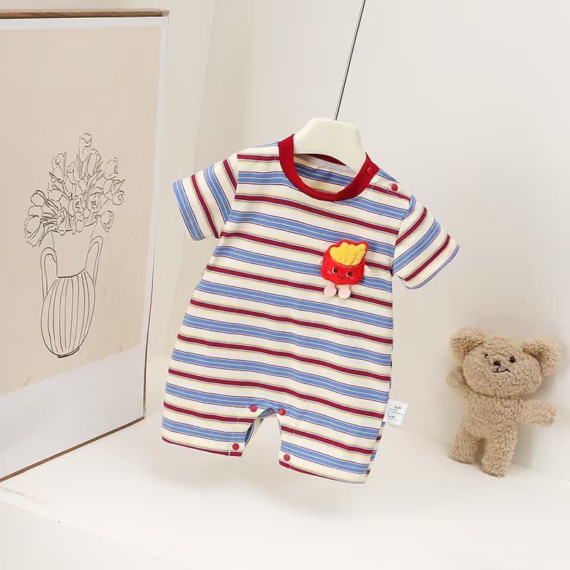 Korean fashion striped baby summer short-sleeved jumpsuit for outdoor wear French fries doll male and female baby romper suit