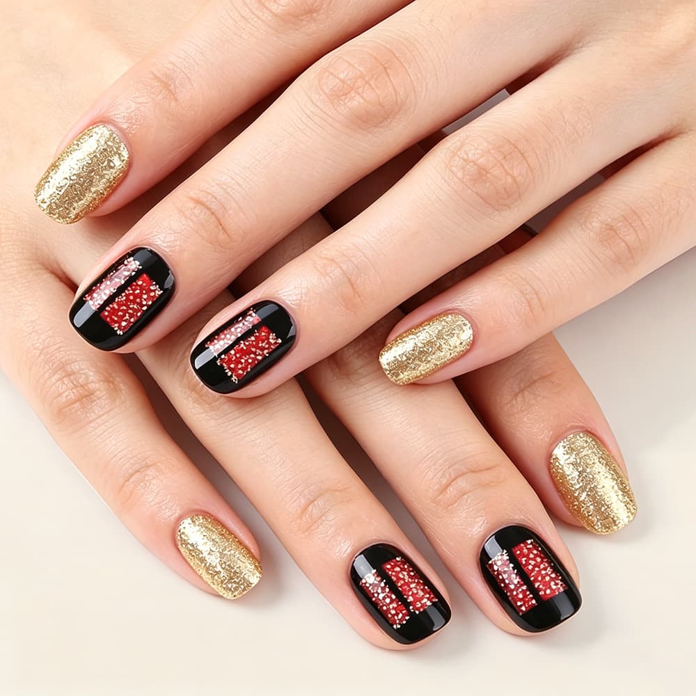 Autumn and Winter Manicure, Black and Red Contrast Colors, Gold Glitter, Sparkling Finish, Fashionable and Versatile Wearable Nails, 24 Pieces of Removable Fake Nails