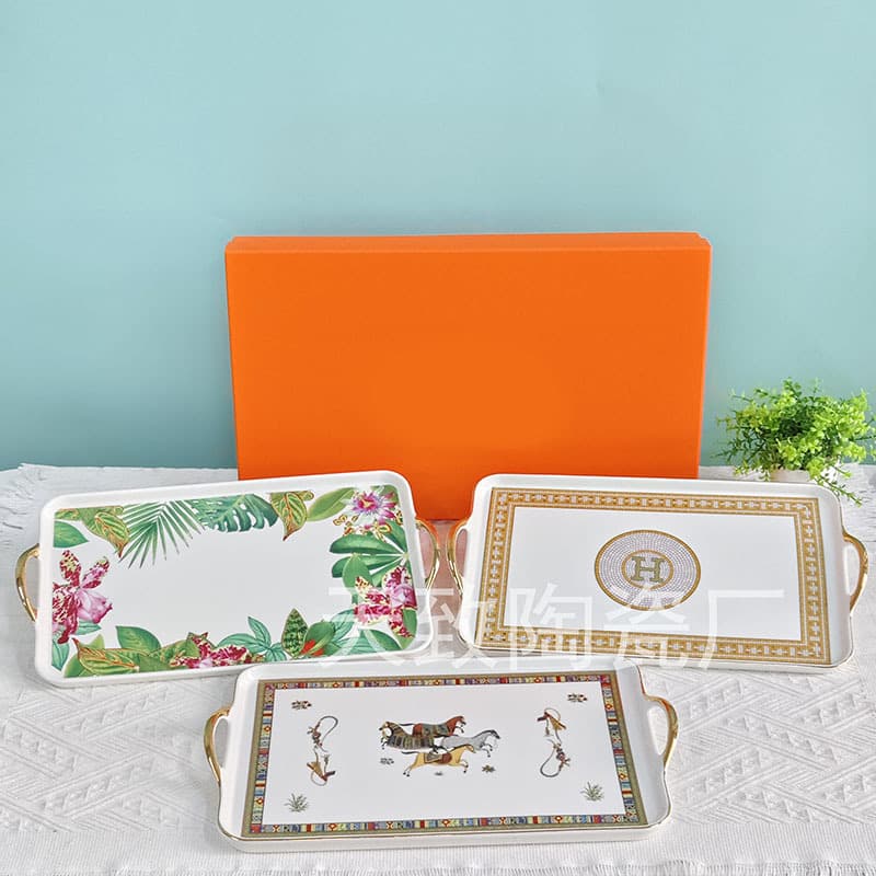 European Cross-Border Aijia Tropical Rainforest Horse Pattern H-Series Ceramic Gold-Handled Long Plate & Tray – Holiday Gift