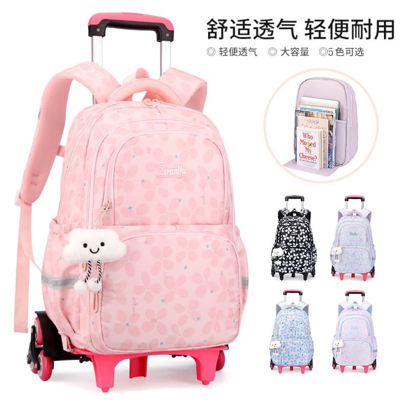 Nature Fish Trolley Backpack for Students, Fashionable Large-Capacity High School Student 2-in-1 Backpack, 6-Wheel Stair-Climbing School Bag