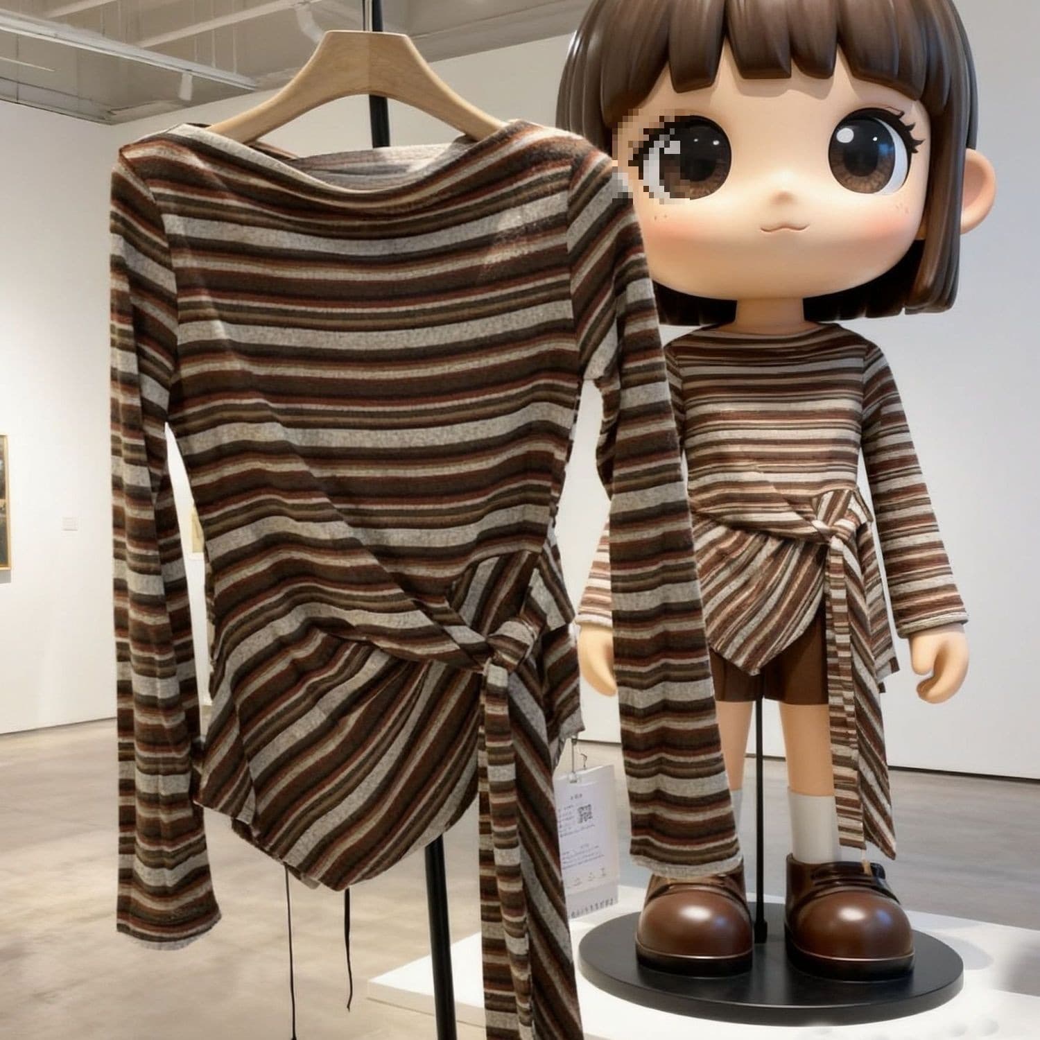 Korean style loose color-blocked striped irregular hem tie-up off-shoulder knit top for women