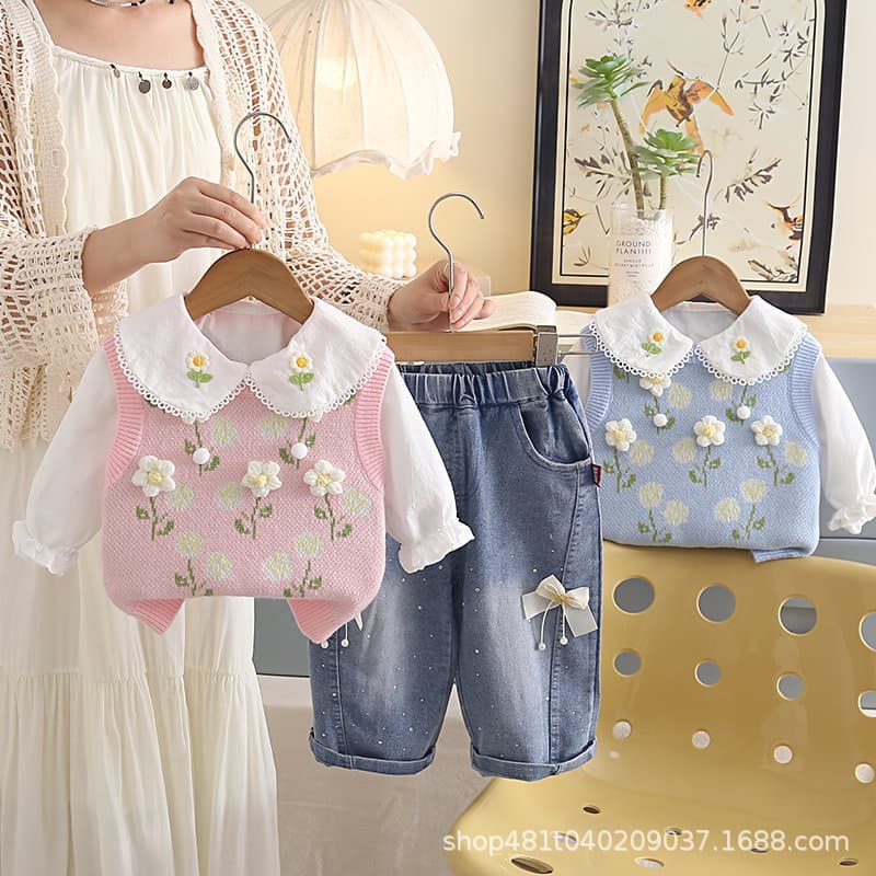 Baby Girl Autumn Clothes Korean Style Set Little Girl Fashionable Sweater Three-Piece Set Girls Spring/Autumn Internet Celebrity Korean Style Clothes