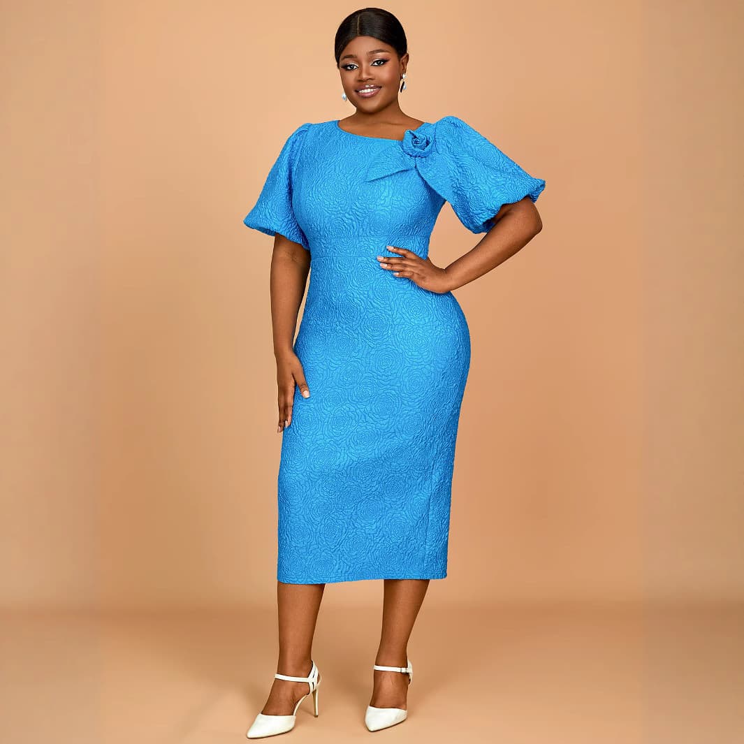 AM050130 Cross-border Plus Size Jacquard 3D Floral Bubble Short Sleeve Bodycon Dress