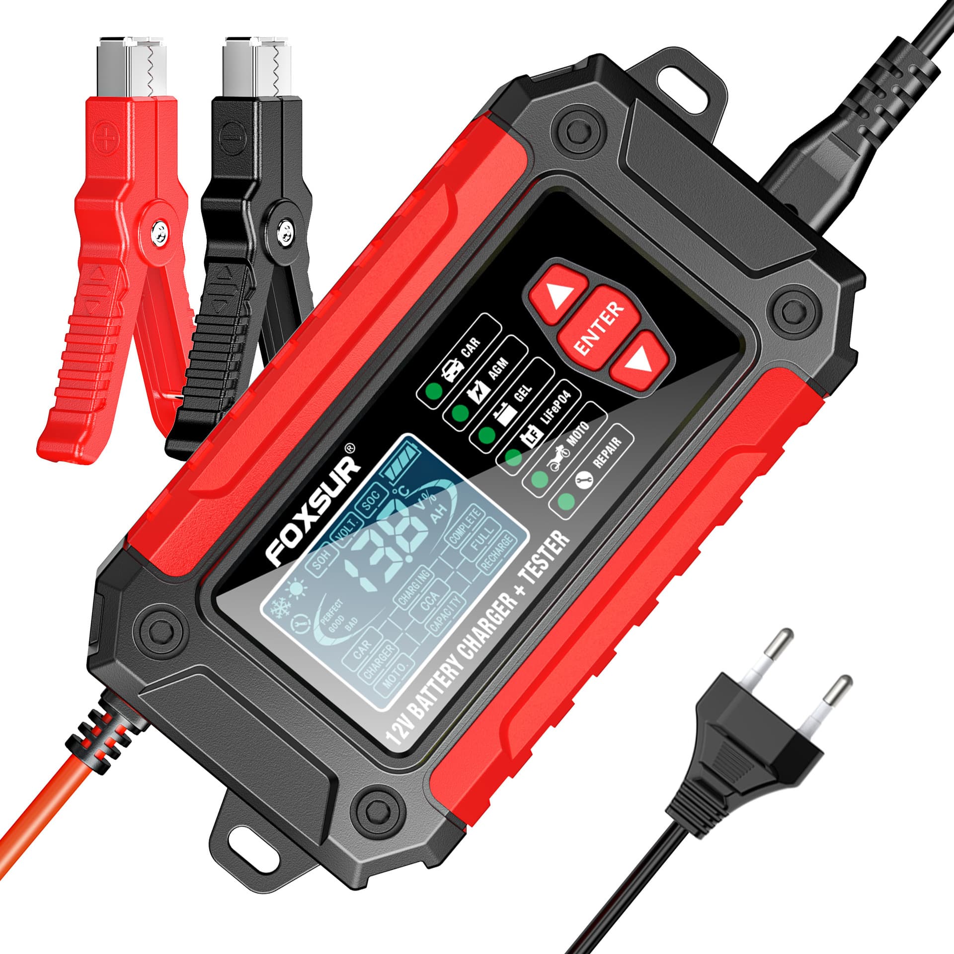 2-in-1 Battery Tester & Analyzer 12V Car Motorcycle Lead-Acid LiFePO4 Battery Charger