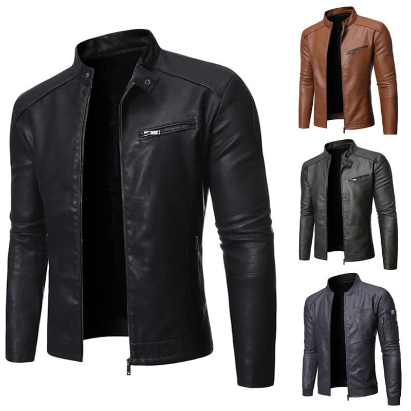 Men's Fashion Motorcycle Leather Jacket Autumn Winter New Arrival Stand Collar Washed Leather Coat Short Zipper Front Design