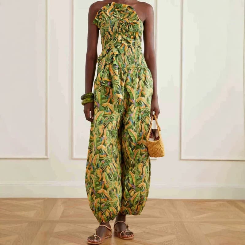 2026 Summer European and American Cross-Border Women's Printed Elegant Set New Fashion Ruffle Top + Harem Pants Set