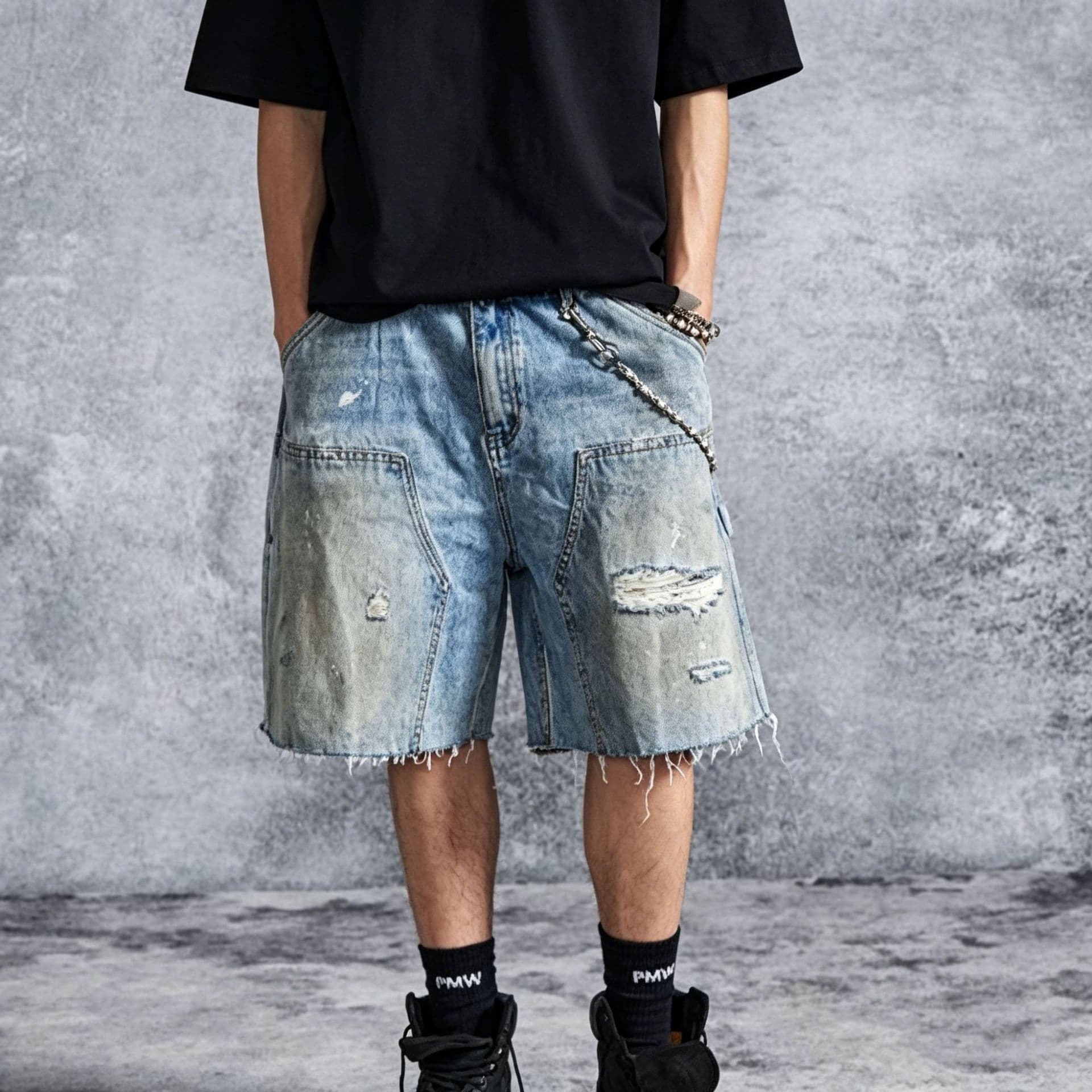[Cowboy Origin Factory] Cross-border Carpenter Ripped Denim Shorts for Men, American Vintage Distressed Frayed Hem Bermuda Shorts