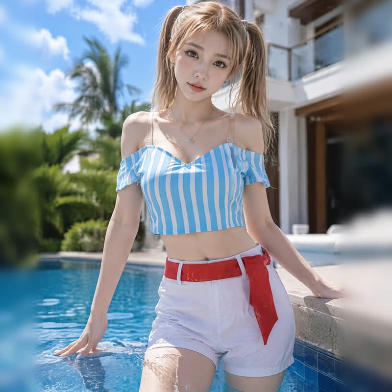 One Piece Nami cosplay suit blue and white striped navel-baring short-sleeved shorts festival party costume women's clothing