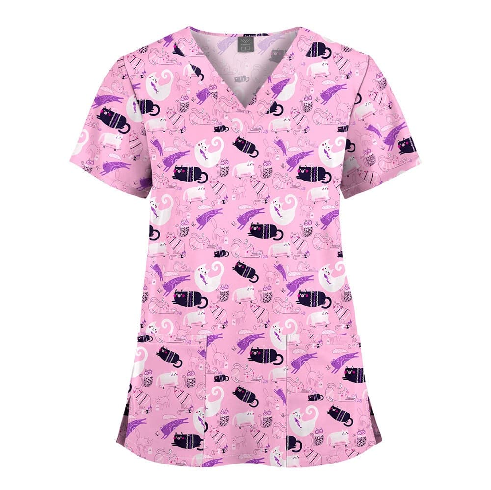 V-Neck Quick-Dry Printed Scrub Top for Dental Clinic, Beauty Salon, Pet Hospital, Doctors, Nurses, Unisex