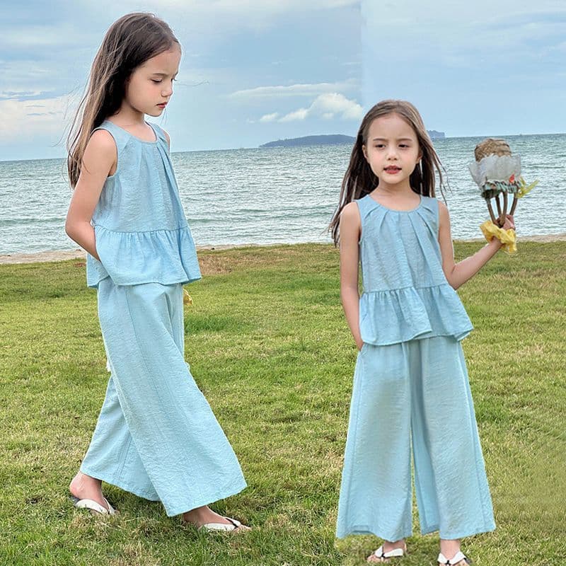 Girls' Sleeveless Vest Summer Set Fashionable Wide-Leg Pants Two-Piece for Big Kids