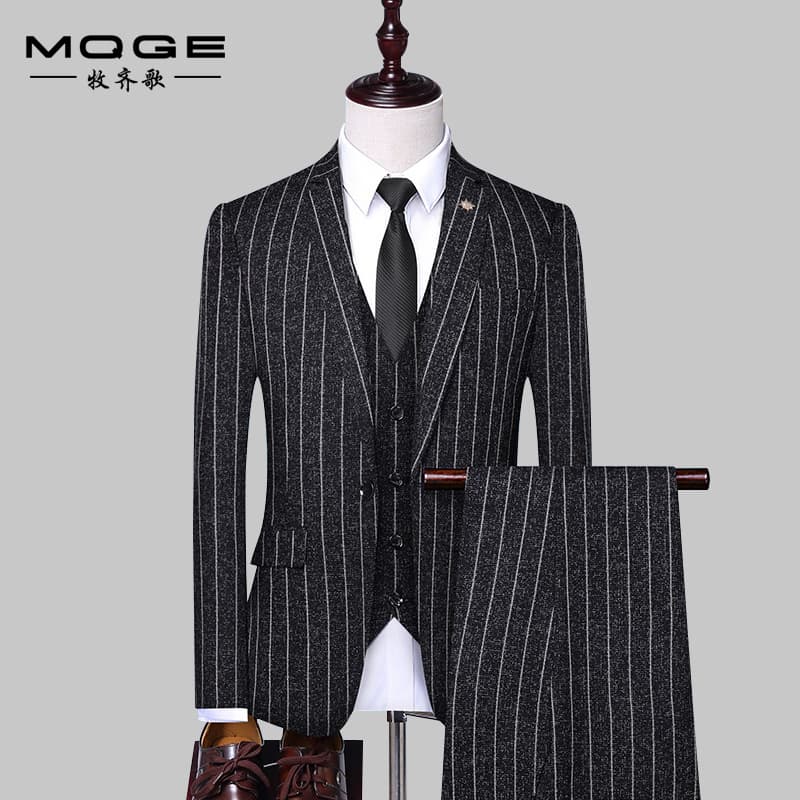Spring and Autumn Men's Suit Set Three-Piece Korean Slim Fit Striped Groom Wedding Best Man Tuxedo Business Suit