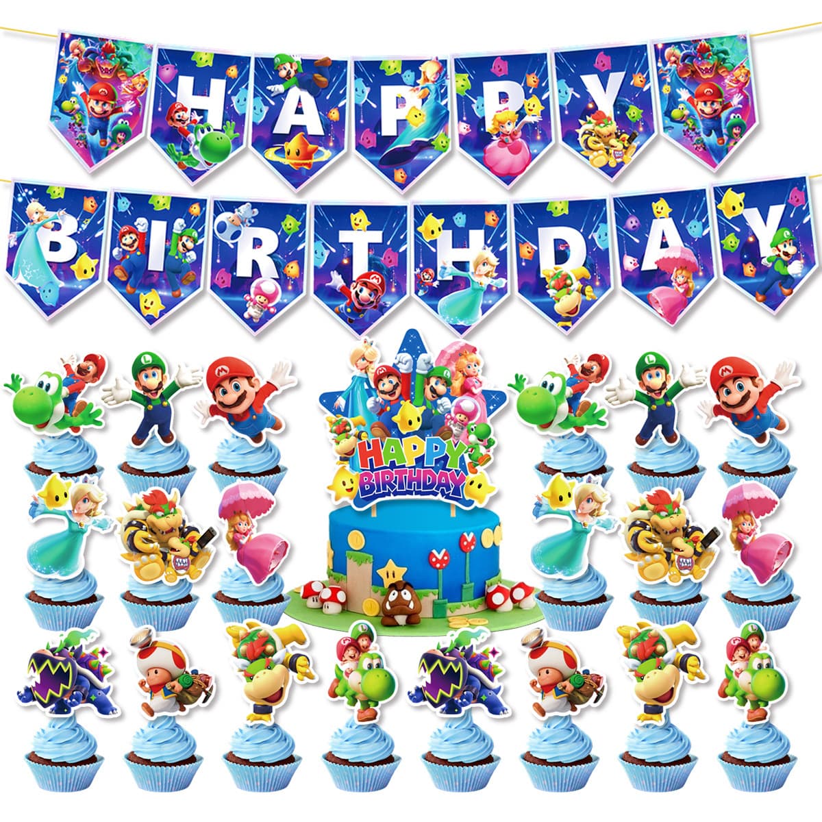 Galaxy Mario Theme Kids Birthday Party Decorations Mario Game Bunting Cake Topper Set