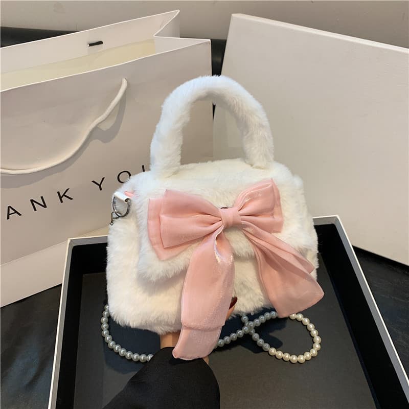 Cute Bow 2025 New Sweet Girl Plush Bag Commuter Fluffy Pearl Handbag Shoulder Crossbody Bag