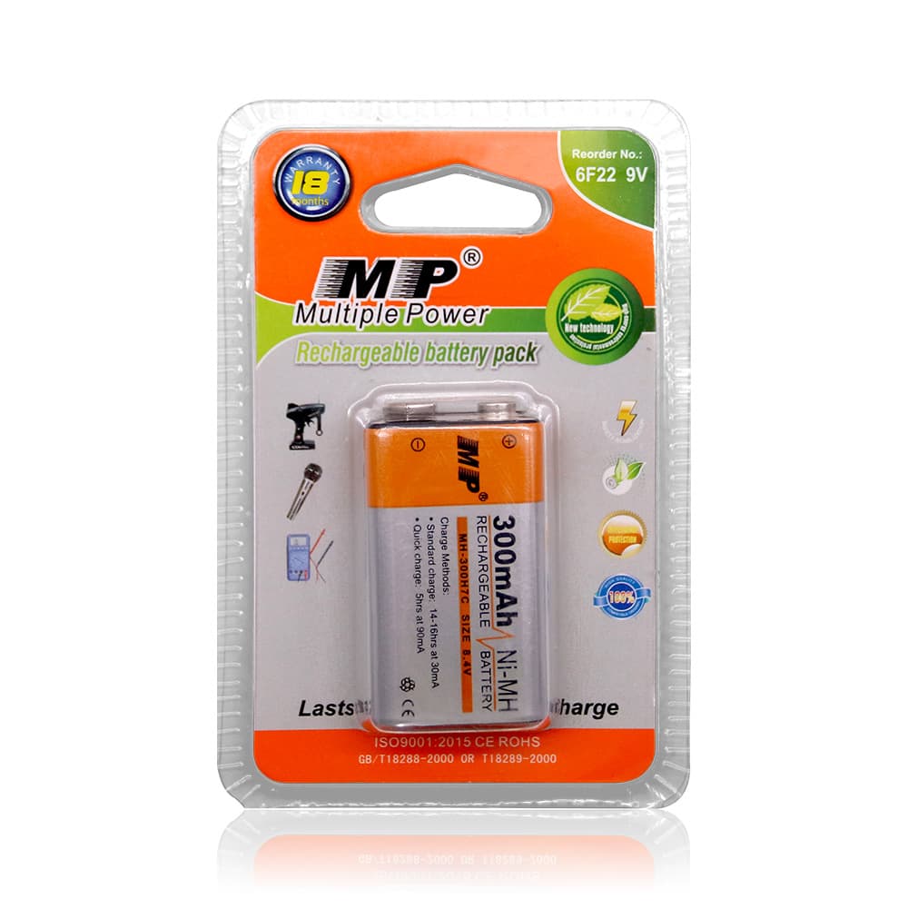 MP 9V 300mAh NiMH 6F22 Rechargeable Battery for Microphone, Electric Guitar, Metal Detector, Multimeter
