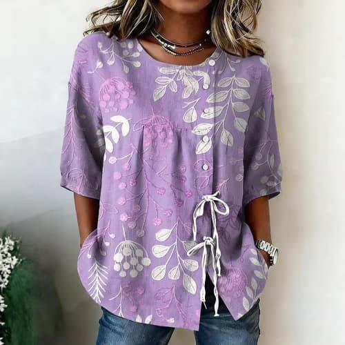 Cross-border Elegant Women's Long Sleeve Printed Blouse, Long Sleeve Women's Shirt, Tie-neck Blouse
